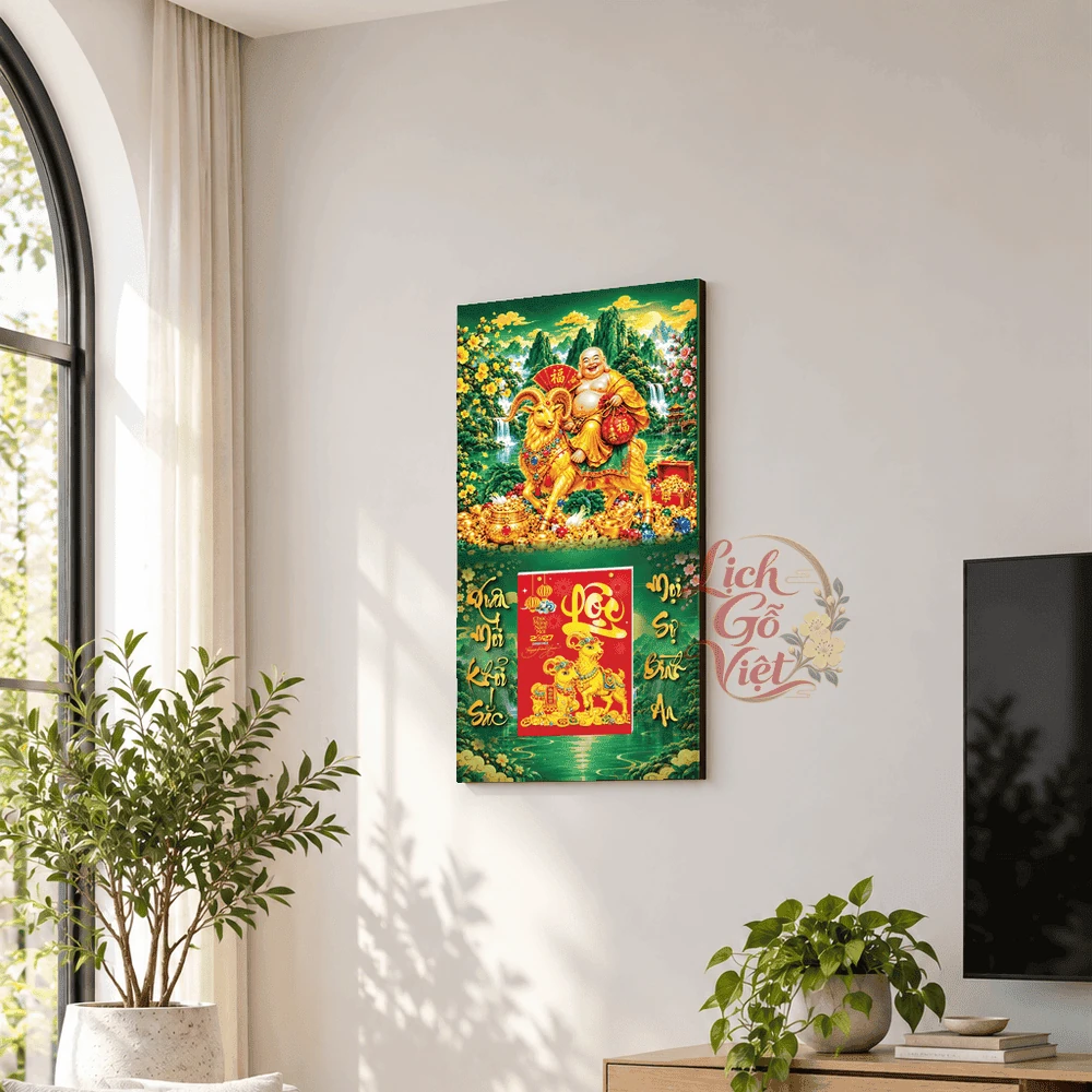 Lịch gỗ tráng gương 2027 30×60 cm Phật Di Lặc Hoa Mai LGV27T3-04 — ảnh 2