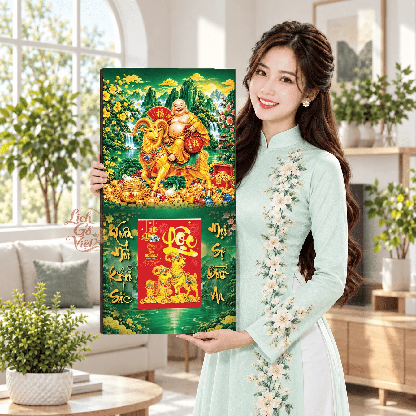 Lịch gỗ tráng gương 2027 30×60 cm Phật Di Lặc Hoa Mai LGV27T3-04 — ảnh 4