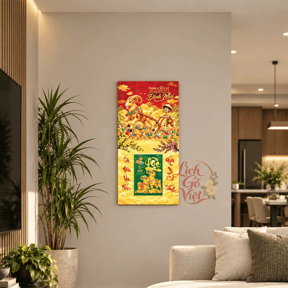 Lịch gỗ tráng gương 2027 30×60 cm Xuân Đinh Mùi – Dê Vàng Khai Xuân LGV27T3-08 — ảnh 1