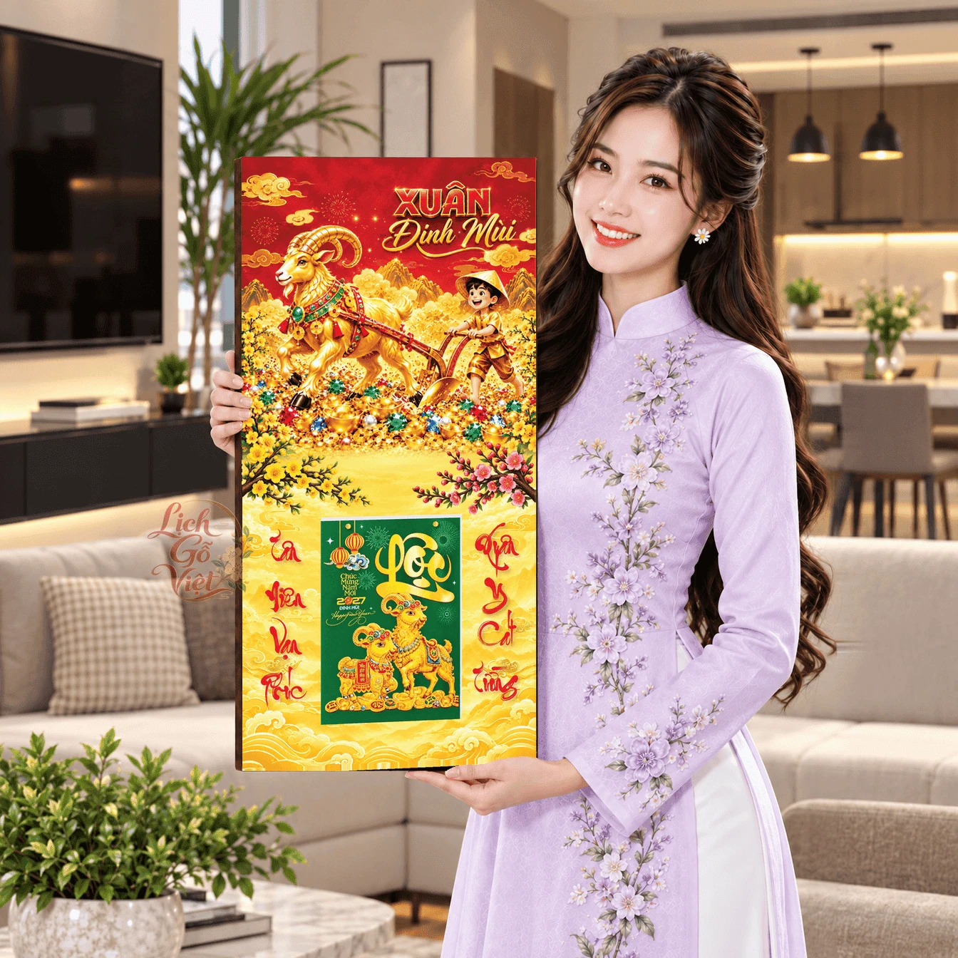 Lịch gỗ tráng gương 2027 30×60 cm Xuân Đinh Mùi – Dê Vàng Khai Xuân LGV27T3-08 — ảnh 3