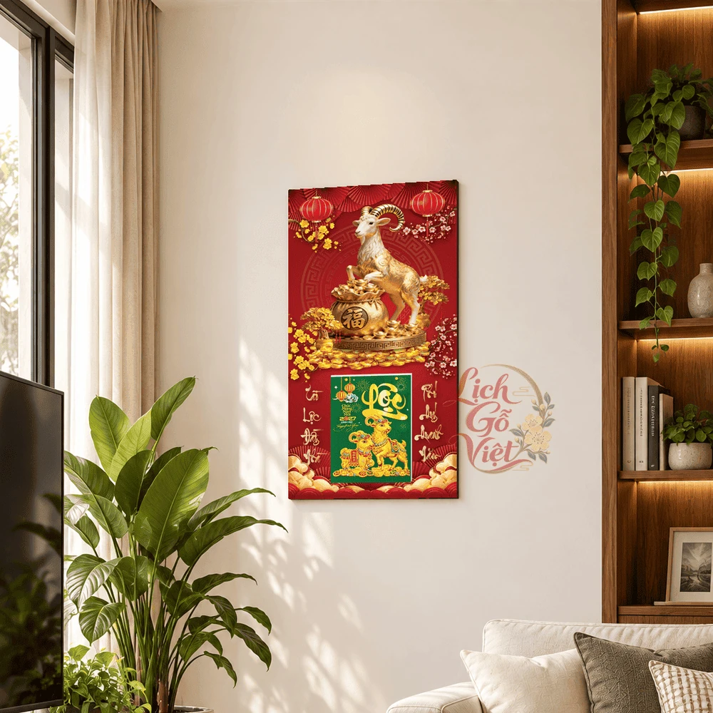 Lịch gỗ tráng gương 2027 30×60 cm Dê Vàng Tài Lộc LGV27T3-14 — ảnh 1