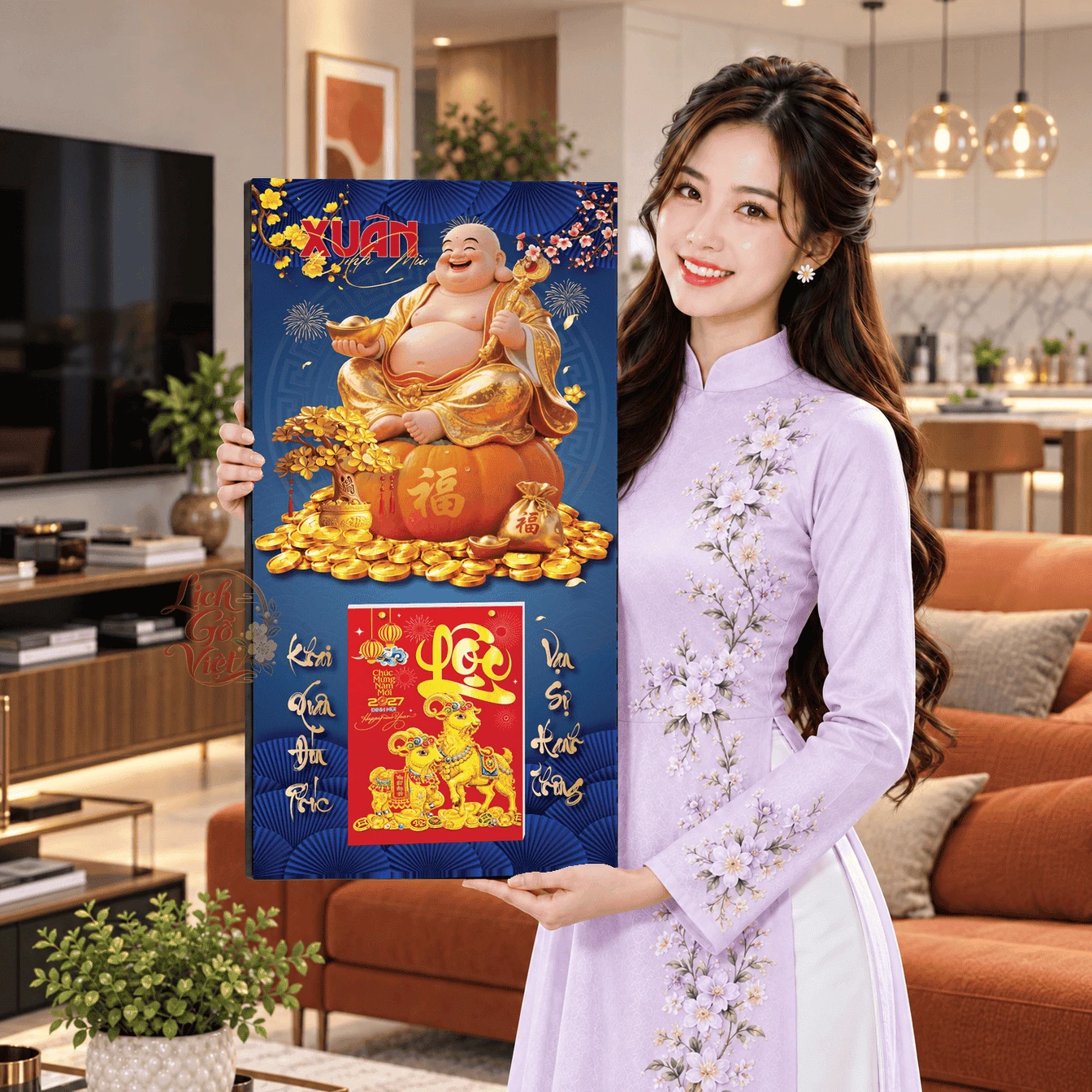 Lịch gỗ tráng gương 2027 30×60 cm Phật Di Lặc Tài Lộc LGV27T3-15 — ảnh 3