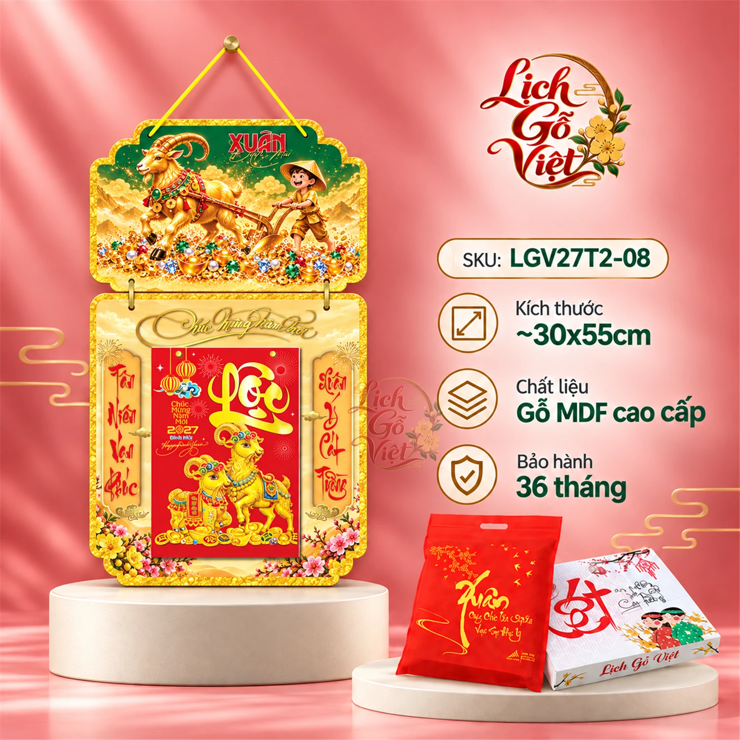 Lịch gỗ 2 thân 2027 Vinh Quy Bái Tổ LGV27T2-08